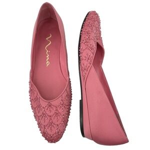 Nina‎ Size 6.5 Beaded Ballet Flats Satin Slip On Shoes Almond Toe Pink